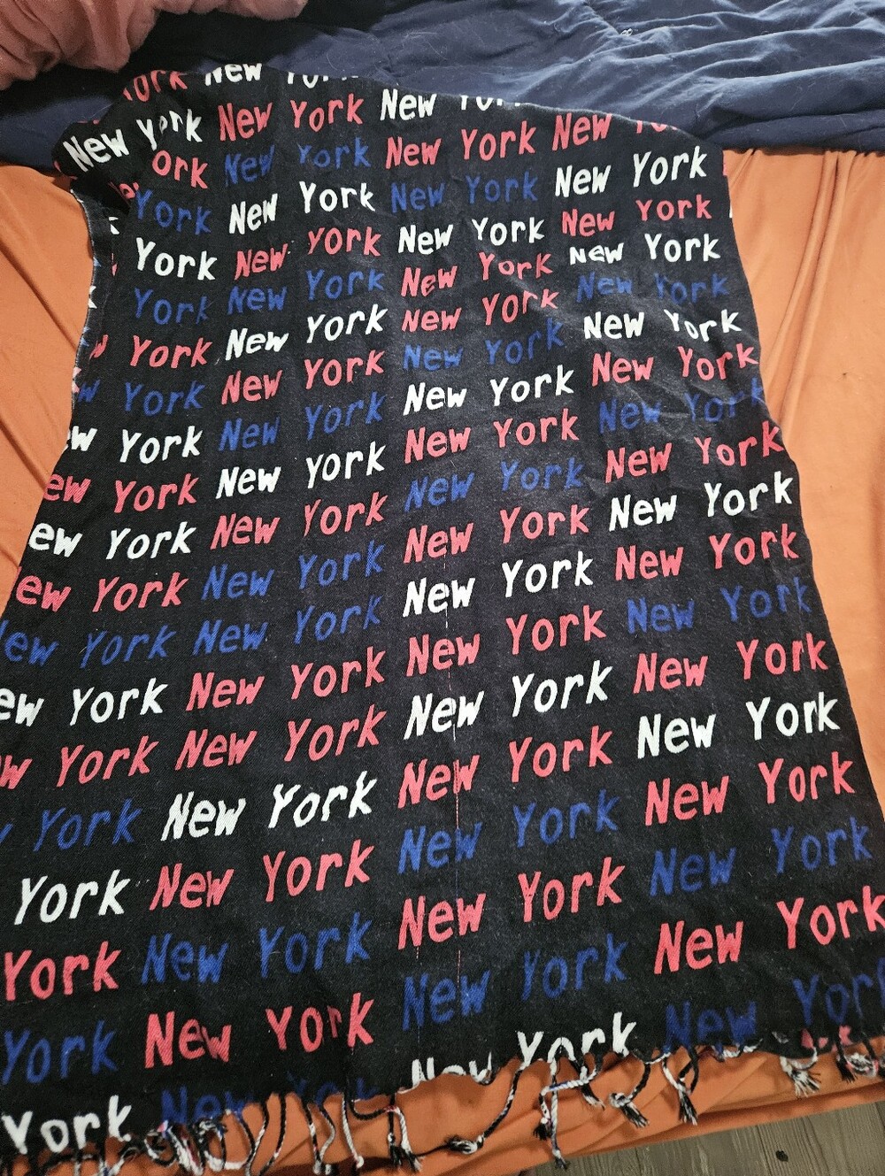Black 'New York' Print Cashmere Scarf - Red, White & Blue Text